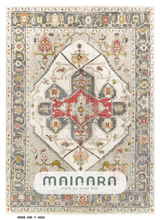 Karpet Tradisional (GW-T-0026) - Grey,Cream,Red,Army,Orange